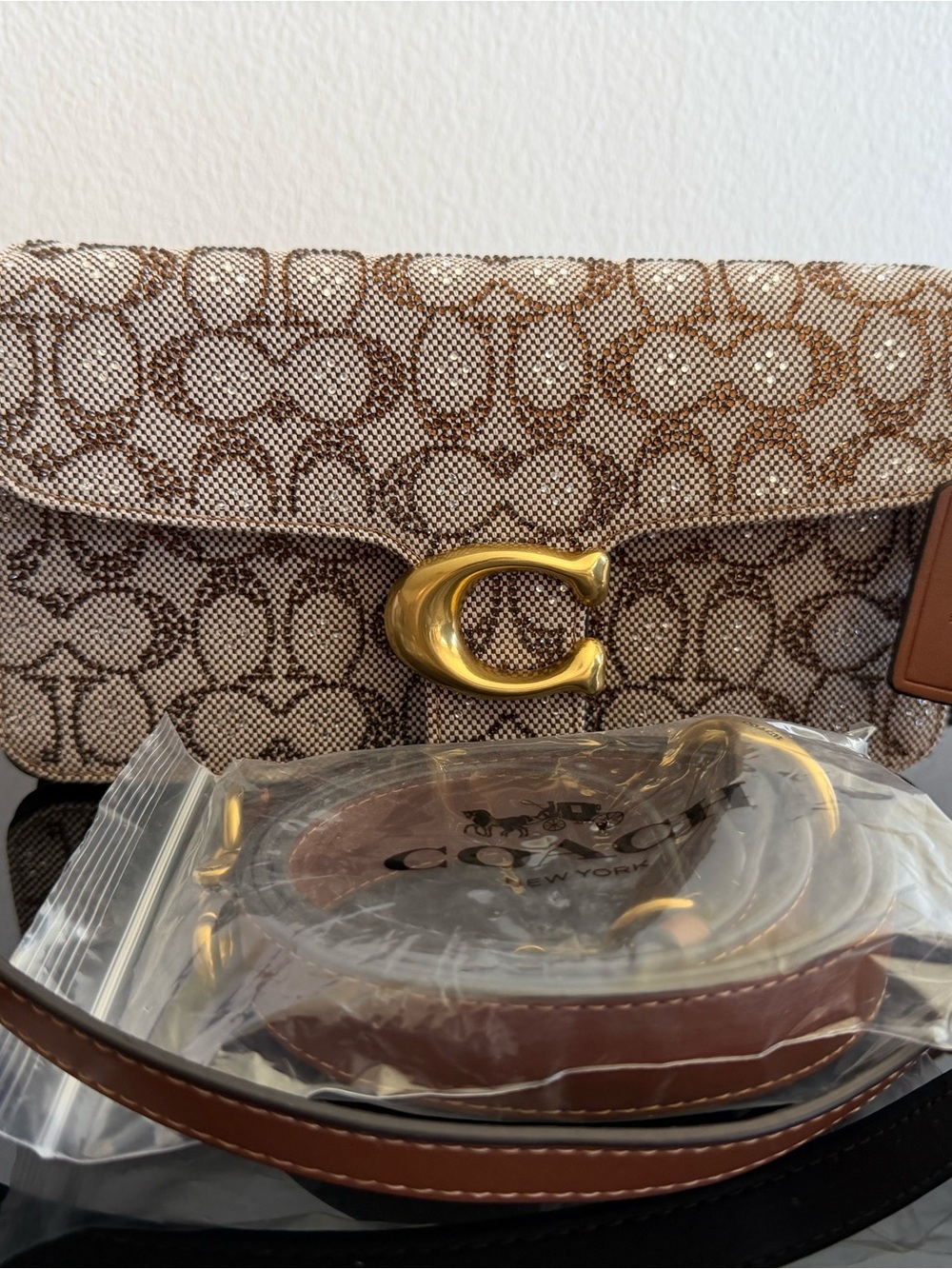 Coach Beige Brown Signature Crossbody Bag with Gold 'C' Hardware